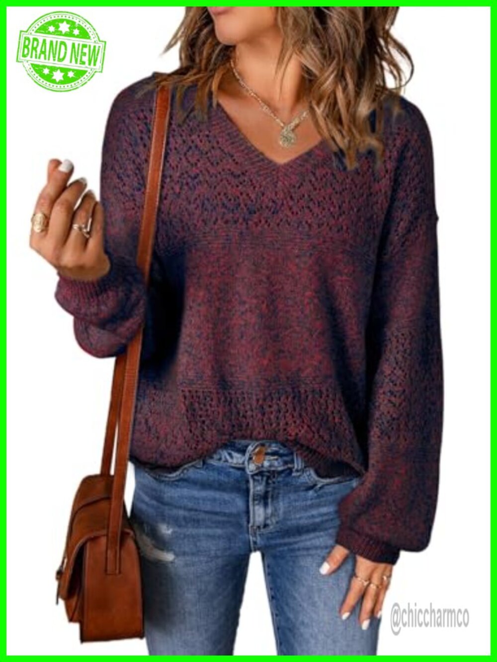 Women's Lightweight Crochet V Neck Pullover Sweater Long Sleeve Knit Top